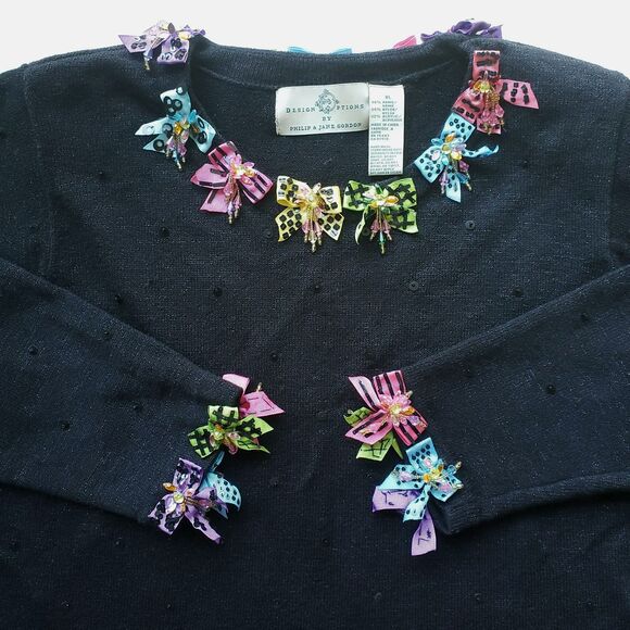 Vintage Design Options By Philip & Jane Gordon Sweater XL Black Pullover Bows - Picture 4 of 16